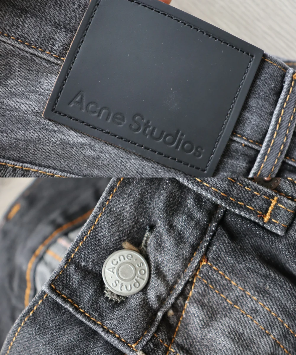 Jeans — waistband patch and metal button