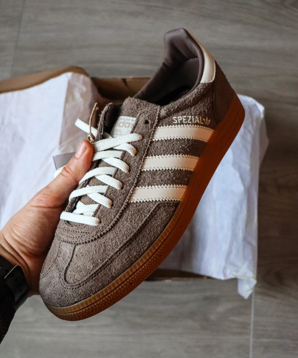 Brown Adidas Spezial-style trainer with gum sole — side profile