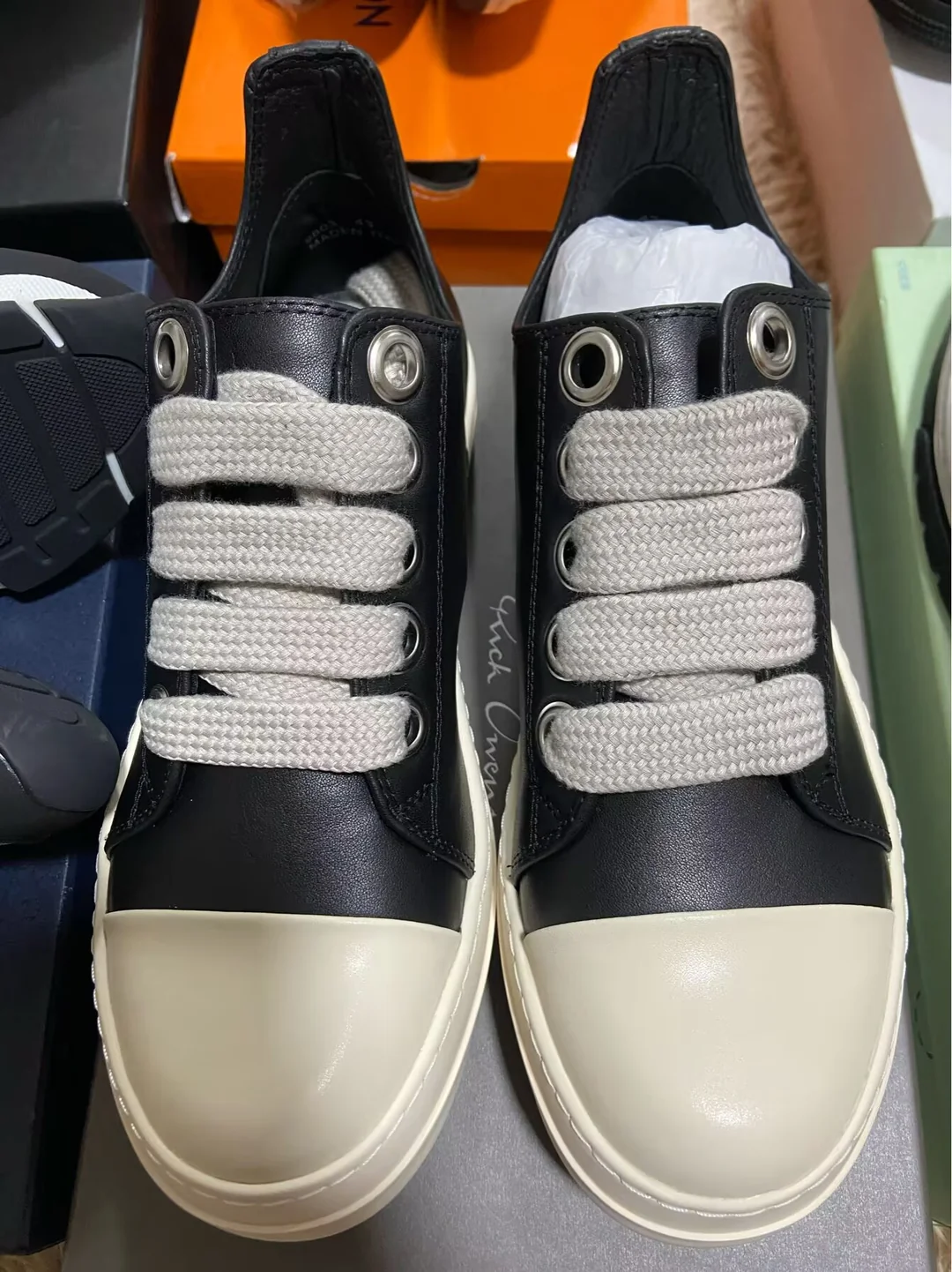 Dark Rick Owens-style sneakers — toe and lacing view